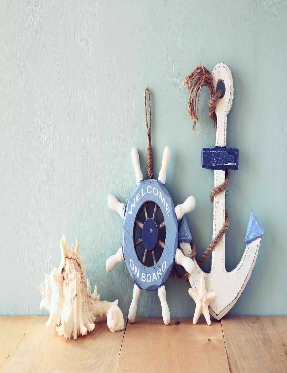 Solid Blue Background Anchor And Rudder On Wood Floor Backdrop ...